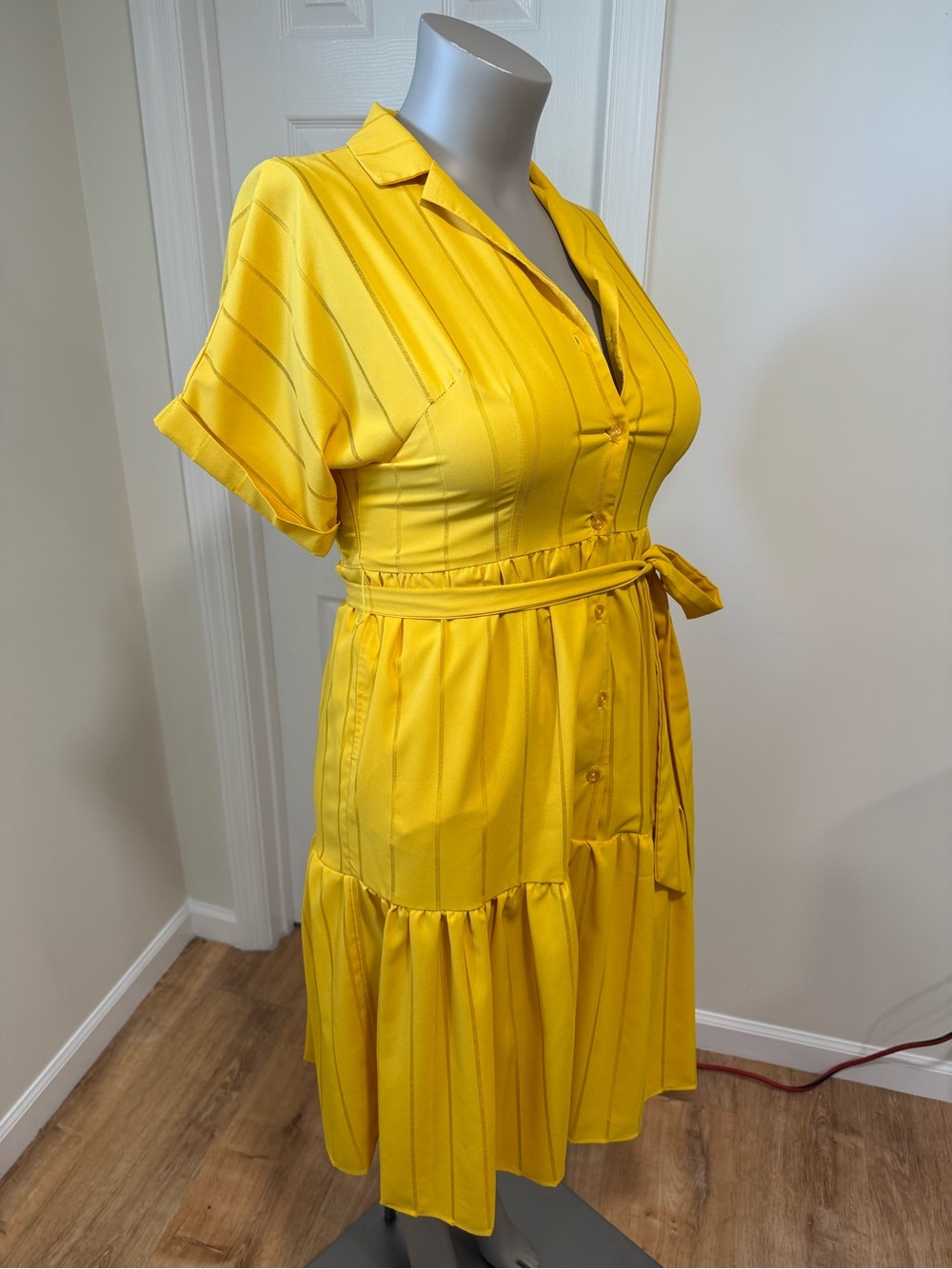Tahari Bright Yellow Belted Midi Shirt Dress Size 14 - Picture 4 of 8
